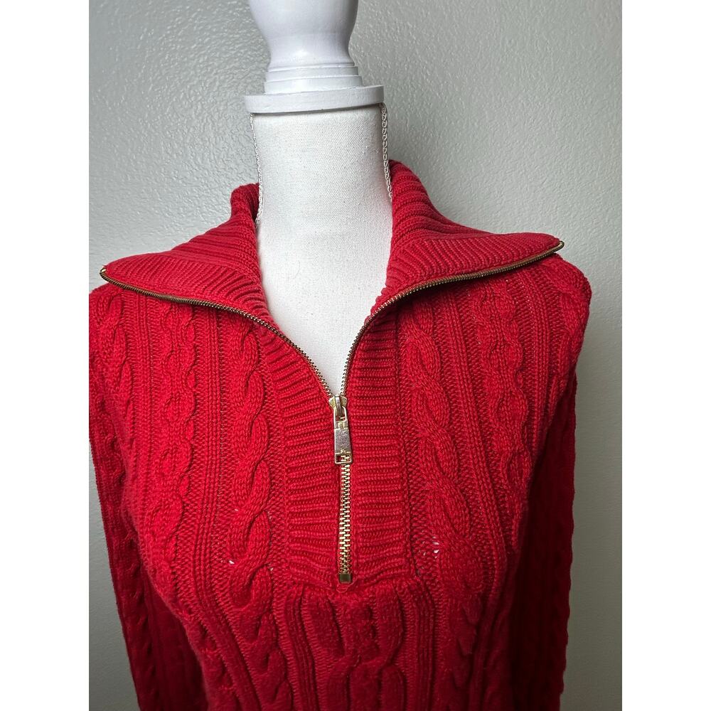 Lauren Ralph Lauren women's red cotton cable knit 1/2 gold zip vintage sweater M - Picture 2 of 9
